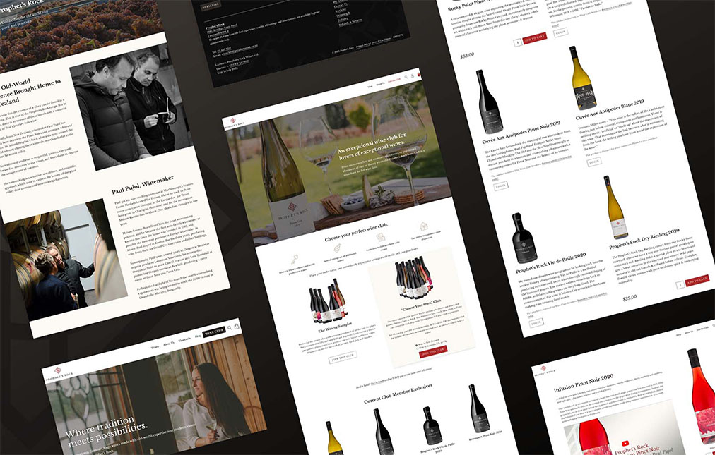 A collage of Prophet's Rock winery website pages displayed on a plain background, showing varied content including text, images of people, wine bottles, and scenic landscapes, all designed with a consistent black and white color scheme