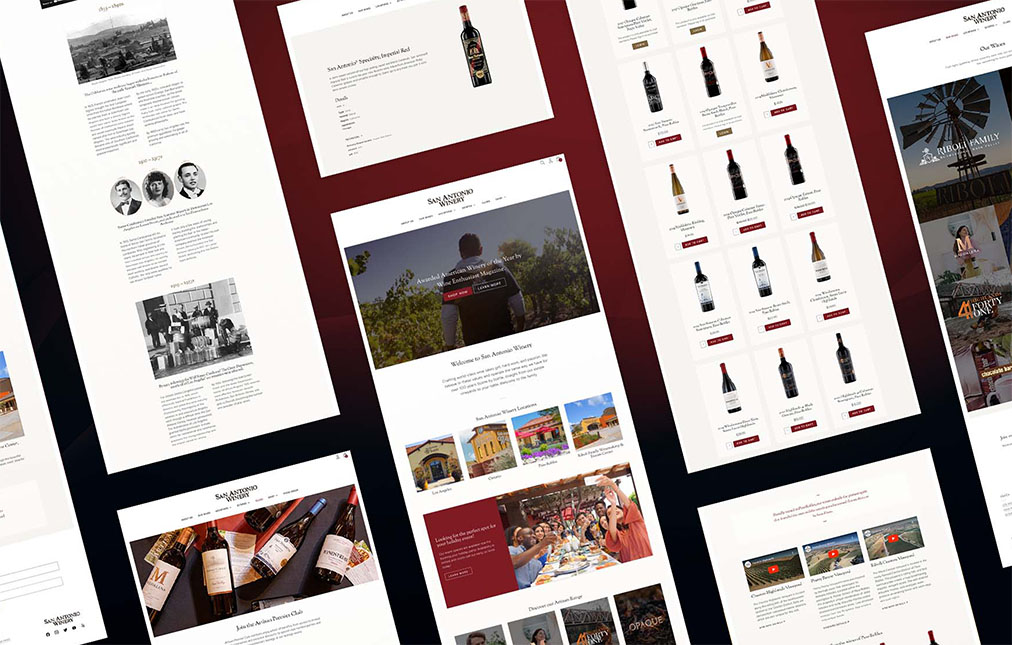 A collage of San Antonio winery website pages displayed on a plain background, showing varied content including text, images of people, wine bottles, and scenic landscapes, all designed with a consistent red and white color scheme