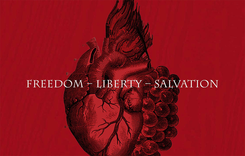 An intricately detailed illustration of a human heart superimposed with a fiery phoenix, set against a deep red background. above the heart, the words 