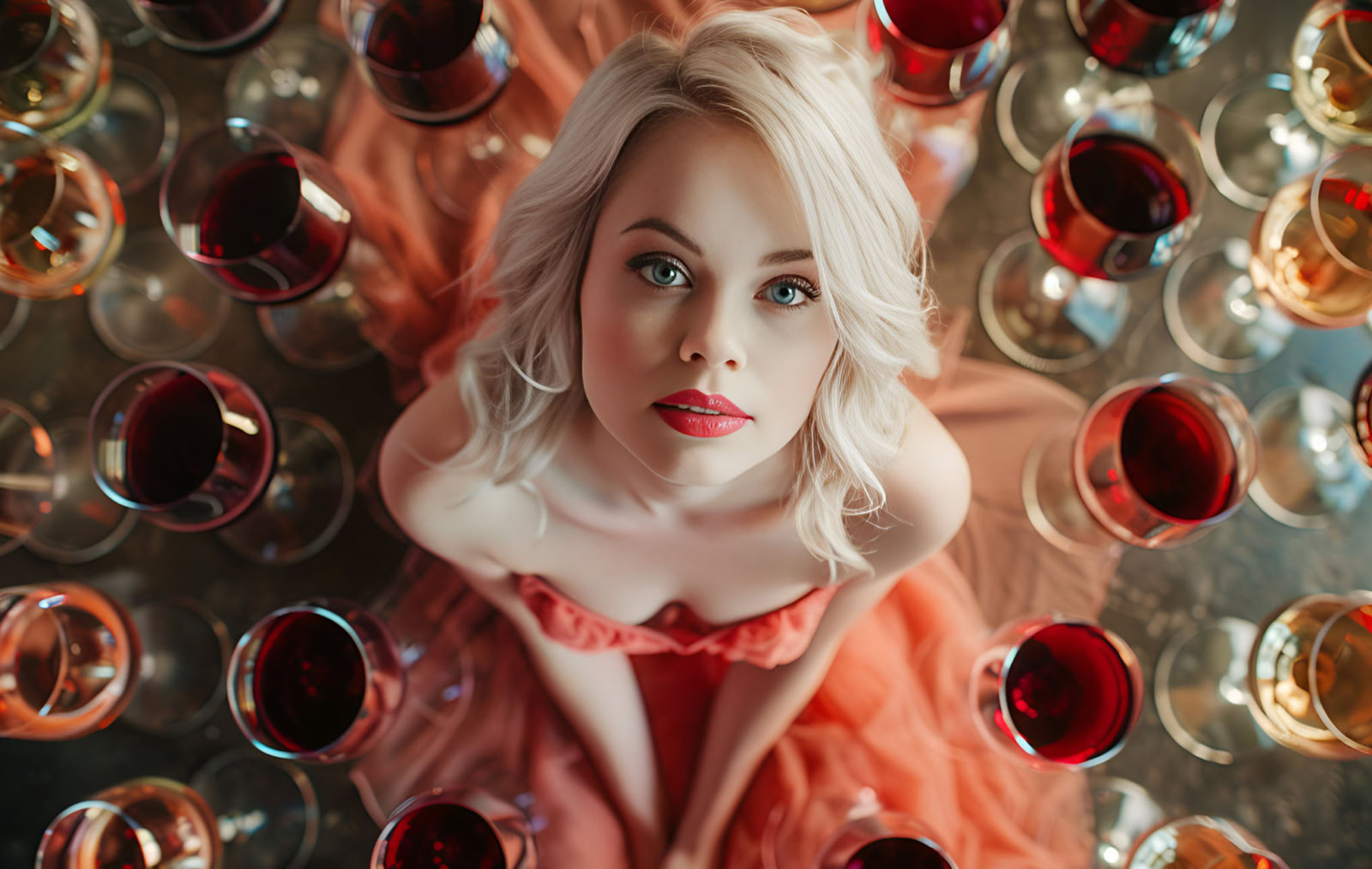 Young blond woman with bright red lips, wearing an orange strapless dress. She is looking up at camera and surrounded by glasses of wine.