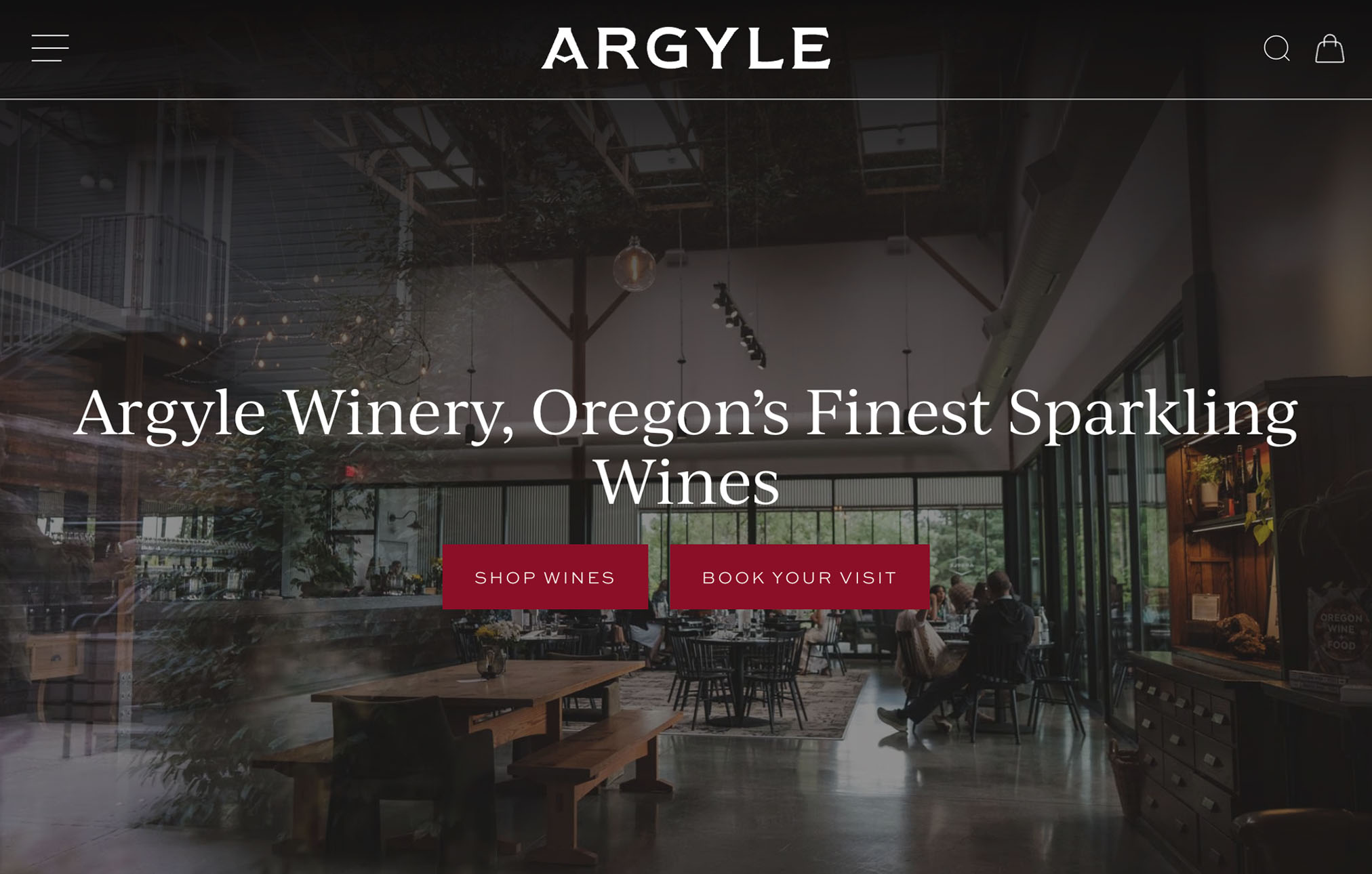 Screenshot of the Argyle Winery homepage hero showing the header navigation with a logo that reads Argyle. Text reads 