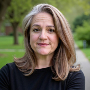 Woman with long brown hair photographed in front of park setting