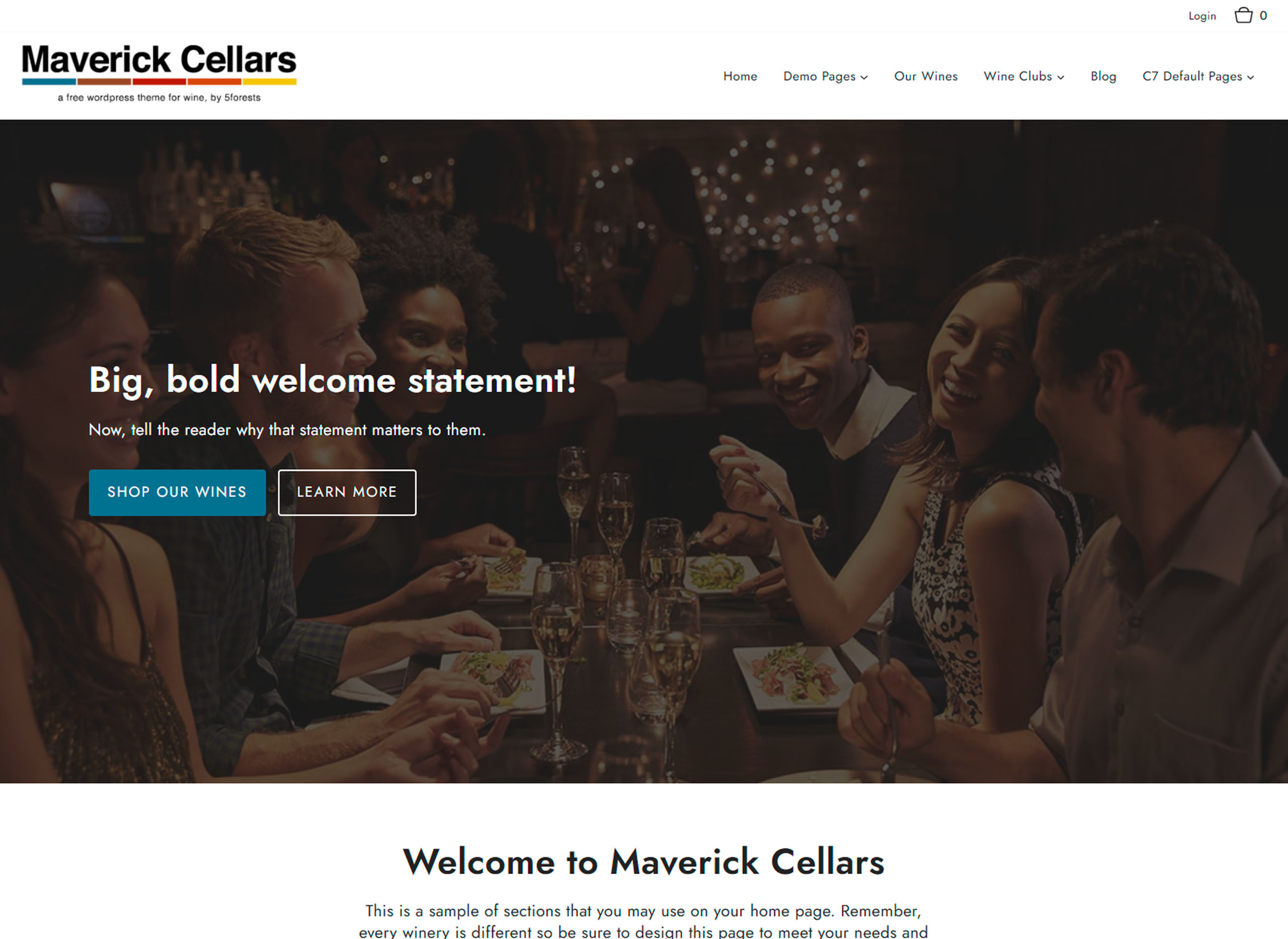 Screenshot of Maverick template hero section, reads, Welcome to Maverick Cellars