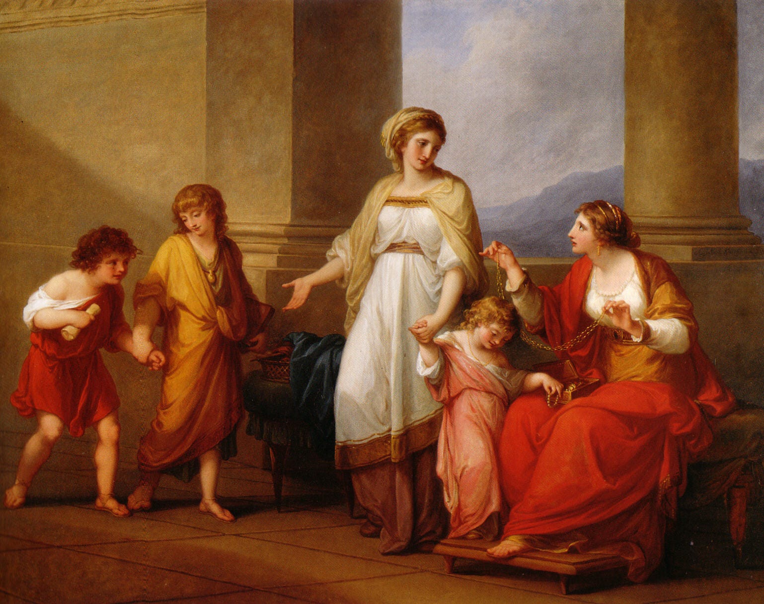 The scene depicted in Kauffmann’s painting is about an ancient Roman woman, Cornelia, who mothered children that would become political leaders in the future. The painting illustrates an encounter between Cornelia, who is the central standing figure, and a Roman matron.