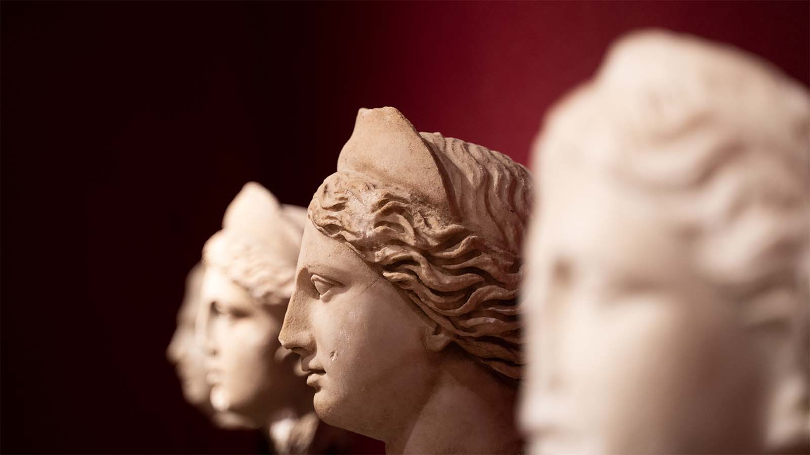 Four ancient greek busts in front of dark red background.