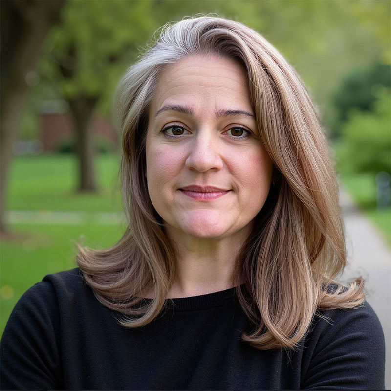 Woman with long brown hair photographed in front of park setting