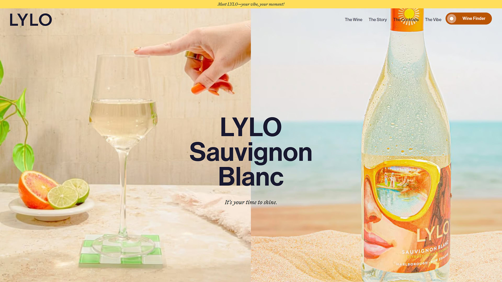 Split-screen image featuring a glass of Sauvignon Blanc with citrus garnishes on the left and a chilled bottle of LYLO Sauvignon Blanc in the sand by the ocean on the right. Bold text reads “LYLO Sauvignon Blanc” with the tagline “It’s your time to shine.”