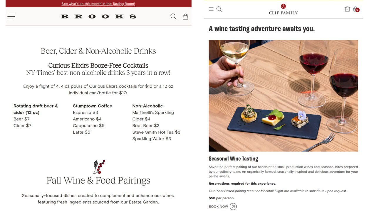 A split-screen image: on the left, a menu listing beer, cider, non-alcoholic drinks, coffee, and sparkling water; on the right, hands hold wine glasses above a tray with three small gourmet food pairings.