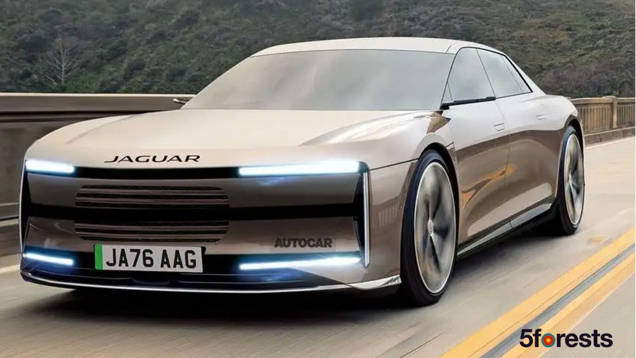 A sleek, futuristic silver Jaguar concept car with a minimalist front design drives on a highway, surrounded by greenery and hills. The image includes a "5forests" logo in the bottom right corner.