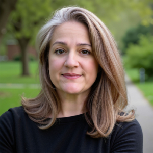 Woman with long brown hair photographed in front of park setting