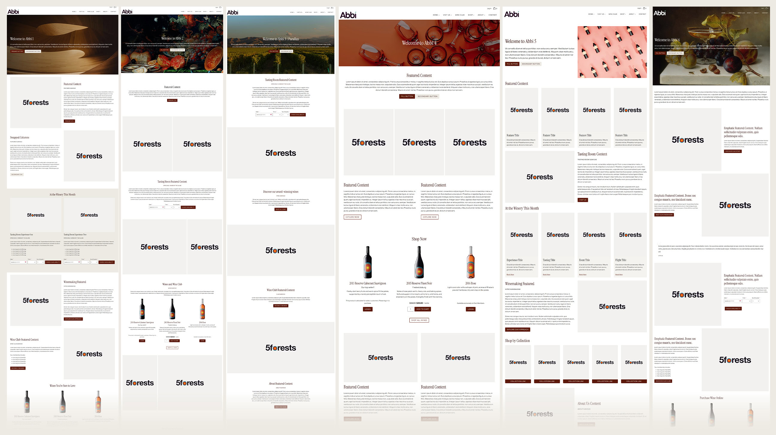 Six screenshots, each showing a different version of the Abbi by 5forests winery website homepage