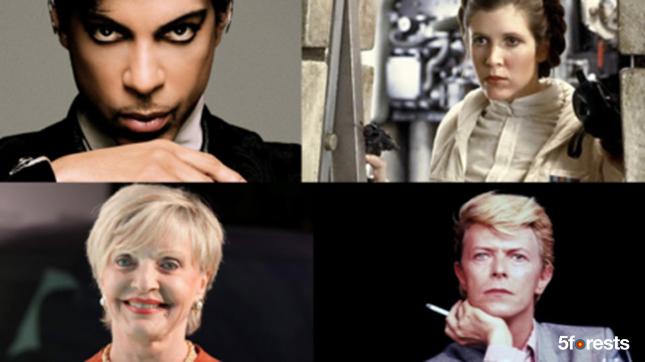 collage of Prince, Princess Leia, Florence Henderson, and David Bowie