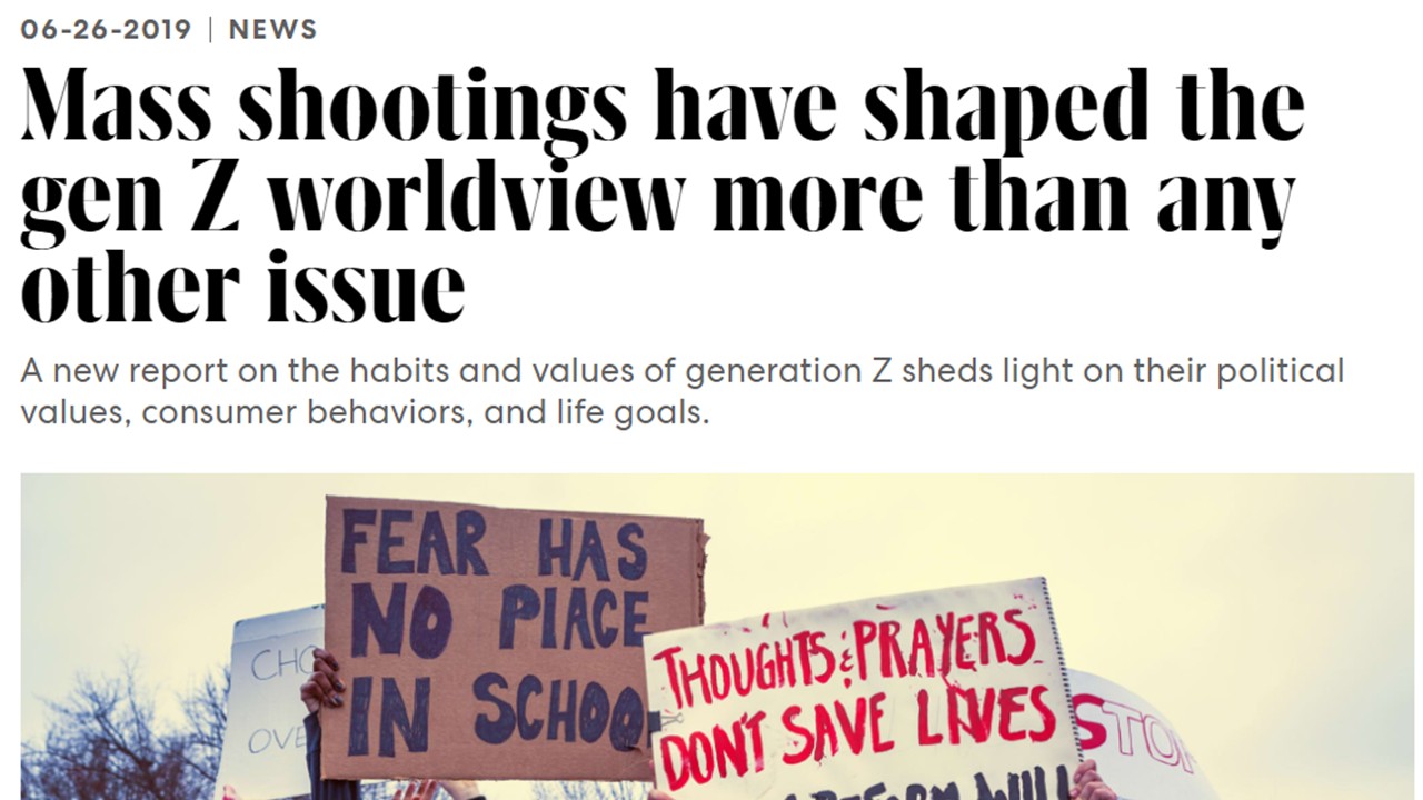 A headline reads, "Mass shootings have shaped the Gen Z worldview more than any other issue." Below, protest signs say, "FEAR HAS NO PLACE IN SCHOOL" and "THOUGHTS & PRAYERS DON'T SAVE LIVES.