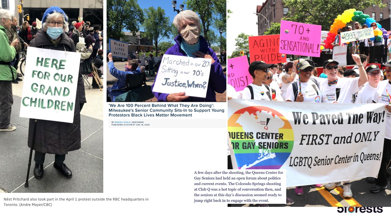 A collage shows seniors at LGBTQ+ pride events holding signs, including “Here for our grand children,” “Marched at Stonewall, marching at 70’s,” and “We paved the way! First and only LGBTQ senior center in Queens.”.