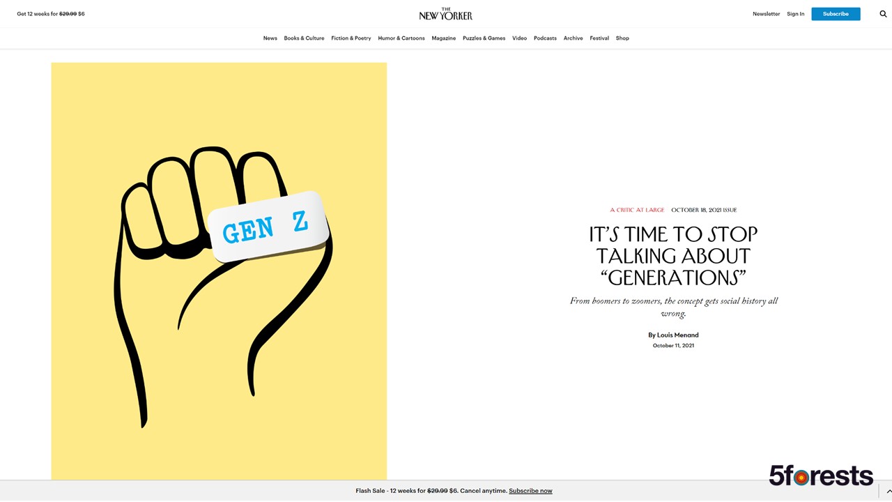A yellow background features a stylized fist holding a white card labeled "GEN Z." To the right, text from a New Yorker article reads: "It's time to stop talking about 'generations.'.