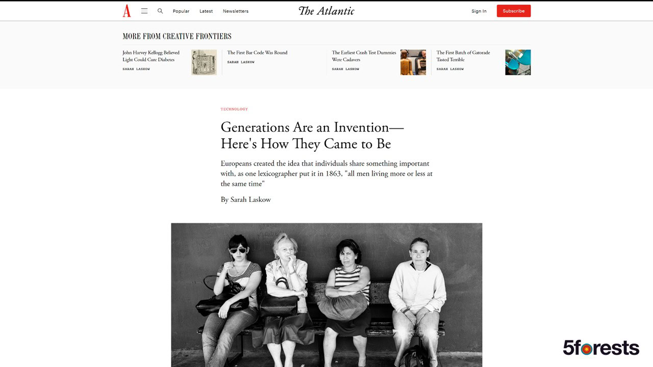 Screenshot of The Atlantic article titled "Generations Are an Invention—Here’s How They Came to Be," showing a black-and-white photo of four people sitting on a bench and a navigation bar with other article previews above.