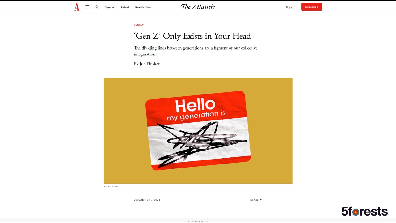 A red name tag on a yellow background reads "Hello my generation is," with the bottom line scribbled over, illustrating a The Atlantic article about the concept of "Gen Z.
