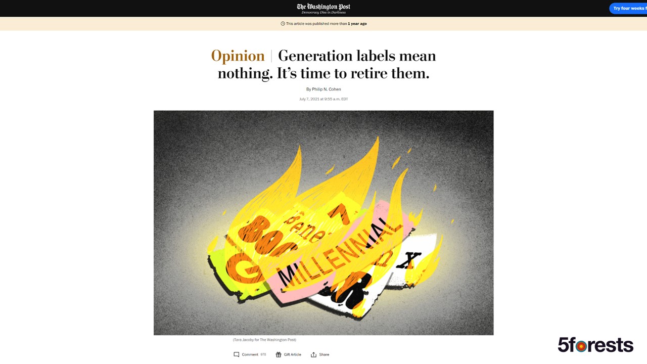 Illustration of colorful cards labeled with generational names—Boomer, Gen X, Gen Z, Millennial—burning in a bright flame on a gray background.