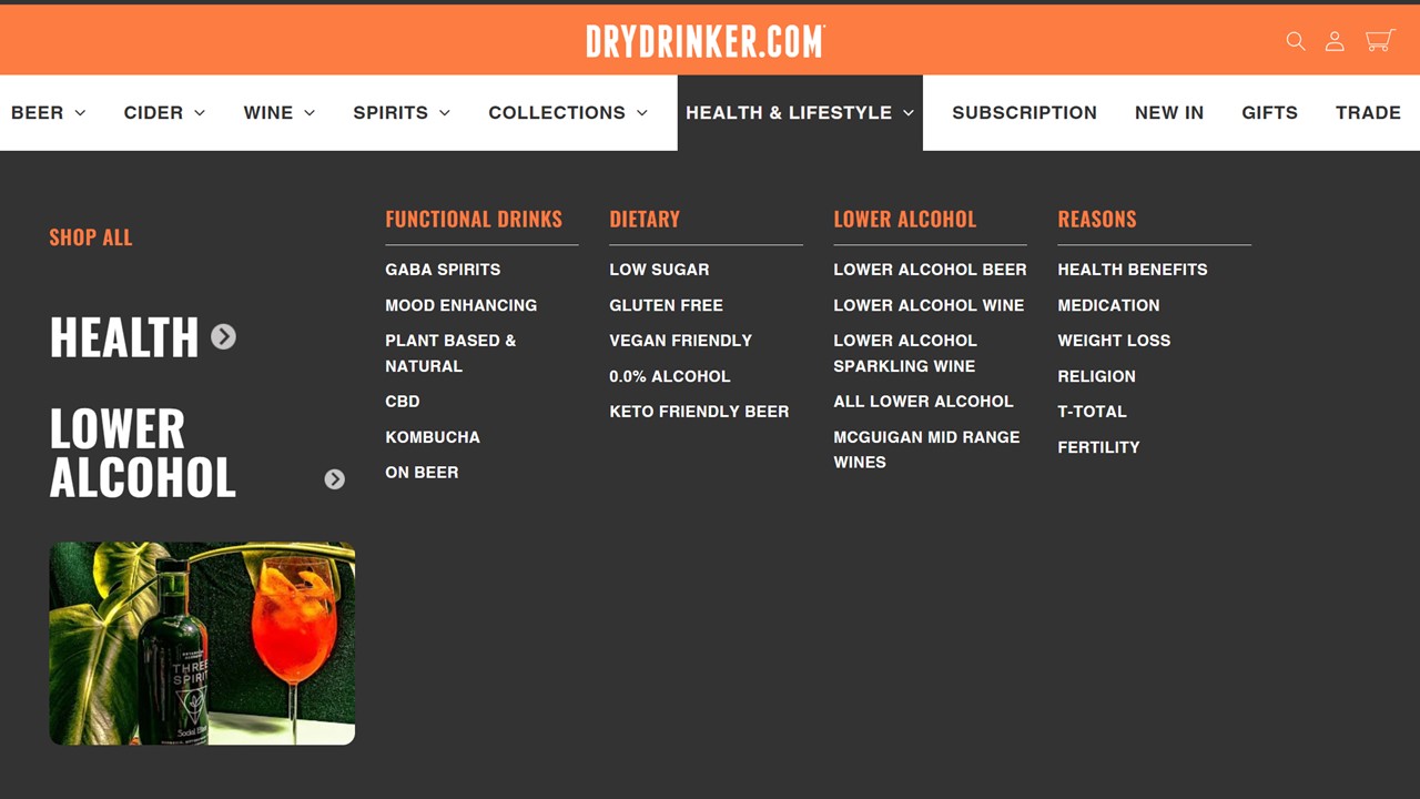 Screenshot of the DRYDRINKER.COM website menu, highlighting sections for beer, cider, wine, spirits, collections, health & lifestyle, and more. A photo of a red drink with an orange garnish and rosemary is at the bottom left.