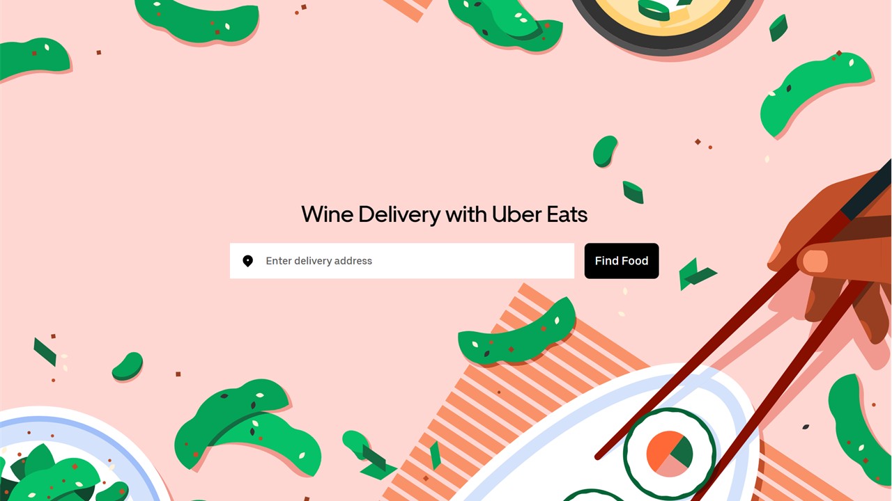 Illustration of sushi, edamame, and sauces on a pink background with a hand holding chopsticks. Text reads "Wine Delivery with Uber Eats" and a search bar for entering a delivery address.