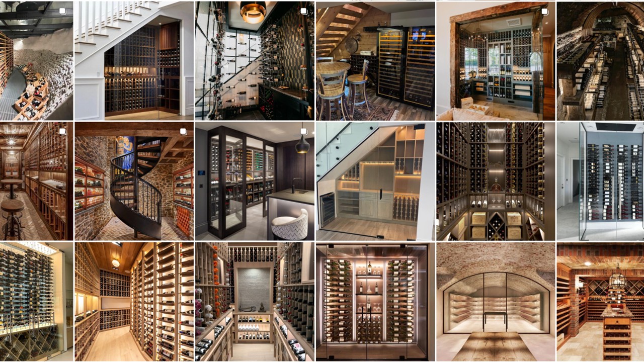 A collage of 15 modern and stylish wine cellars, each featuring unique shelving, lighting, and design elements for wine bottle storage in different home environments.