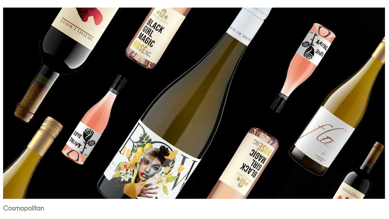 Bottles of various wines, including red, rosé, and white, float against a black background. Labels feature creative designs, including portraits and bold text.