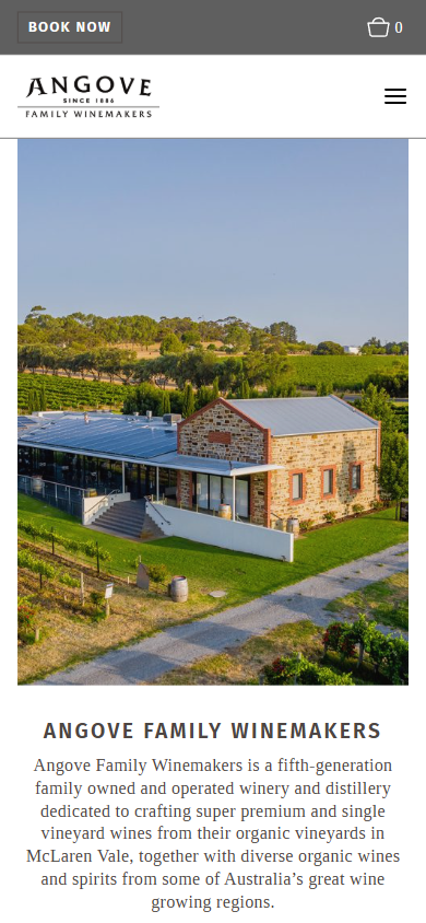 The Angove homepage on a phone, with the aerial photograph of the cellar door building above the introduction to the family winery.