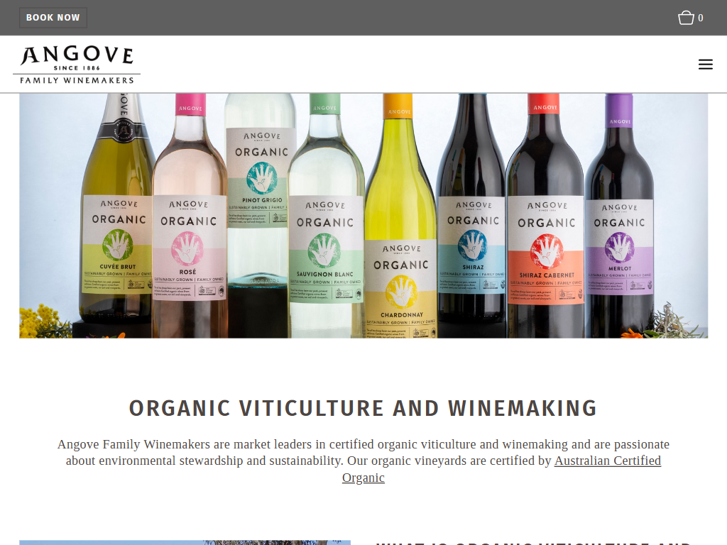 The Angove organic vineyards page in a desktop browser, headed "Organic Viticulture and Winemaking", with a row of Angove Organic bottles across the top.