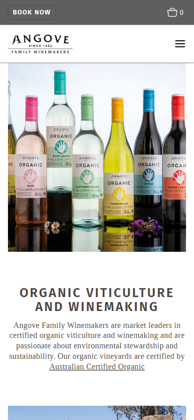 The Angove organic vineyards page on a phone, with the row of Angove Organic bottles above the heading "Organic Viticulture and Winemaking".
