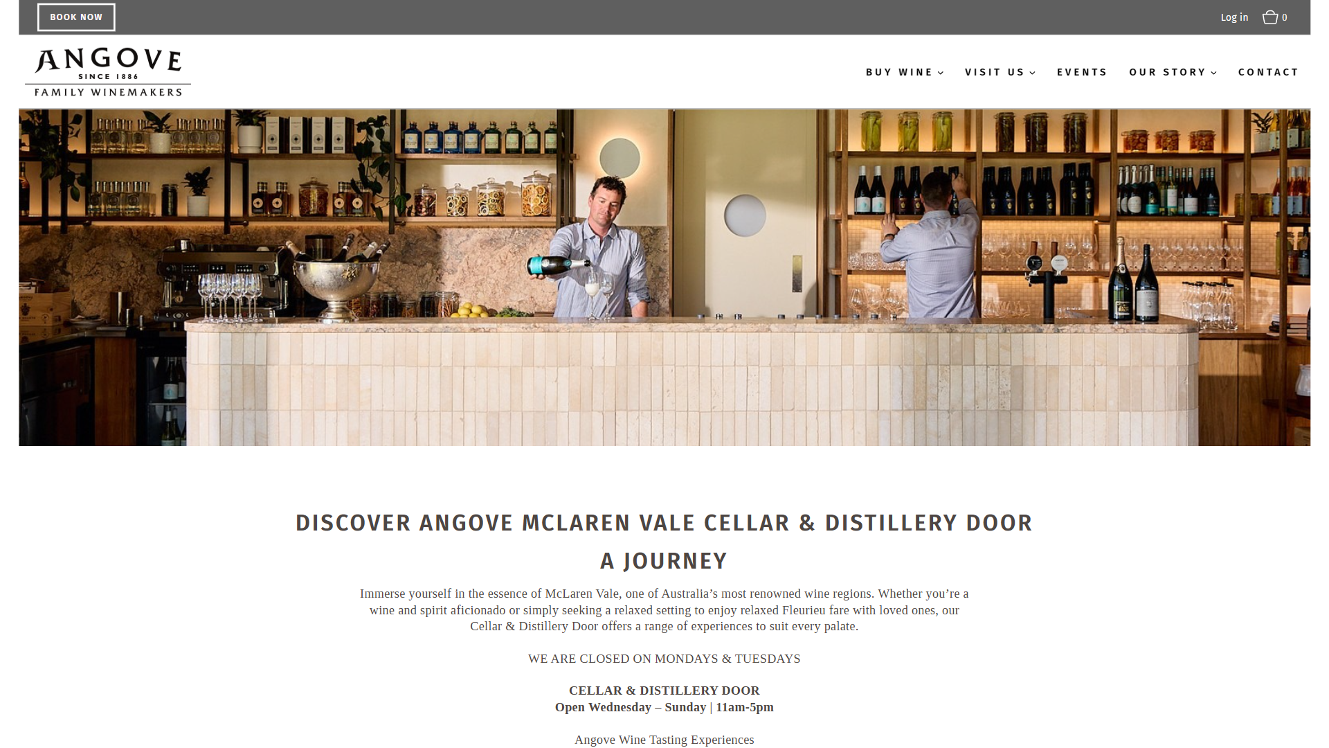 The Angove visit page in a desktop browser, showing staff pouring behind the cellar door bar with bottles on the shelves, above the heading "Discover Angove McLaren Vale Cellar & Distillery Door" and the opening hours.