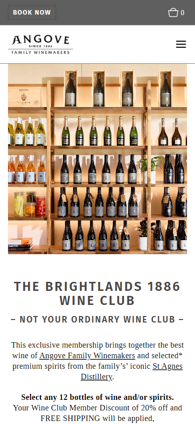The Angove wine club page on a phone, headed "The Brightlands 1886 Wine Club", with shelves of bottles above the membership benefits.