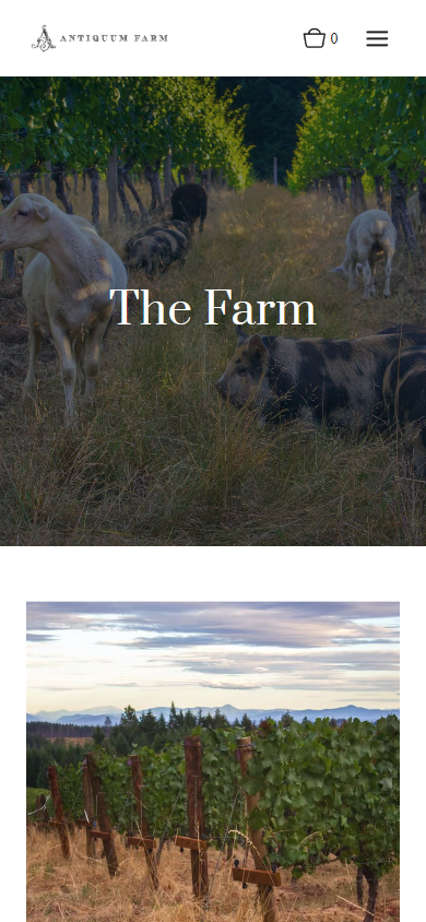 The Antiquum Farm page on a phone, headed "The Farm", with the grazing animals above a vineyard photograph.