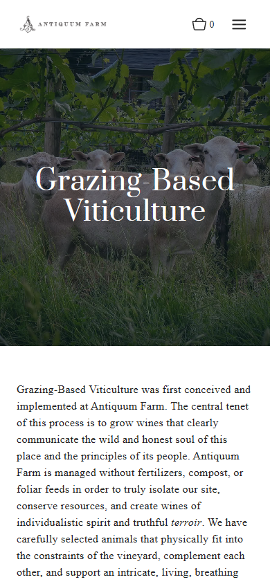 The Antiquum Farm page on a phone headed "Grazing Based Viticulture", explaining how the farm's animals are used in place of fertilizer and tillage.