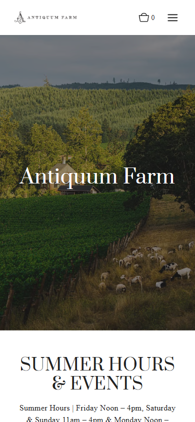 The Antiquum Farm homepage on a phone, with the farmhouse and vineyard above the summer hours and events.