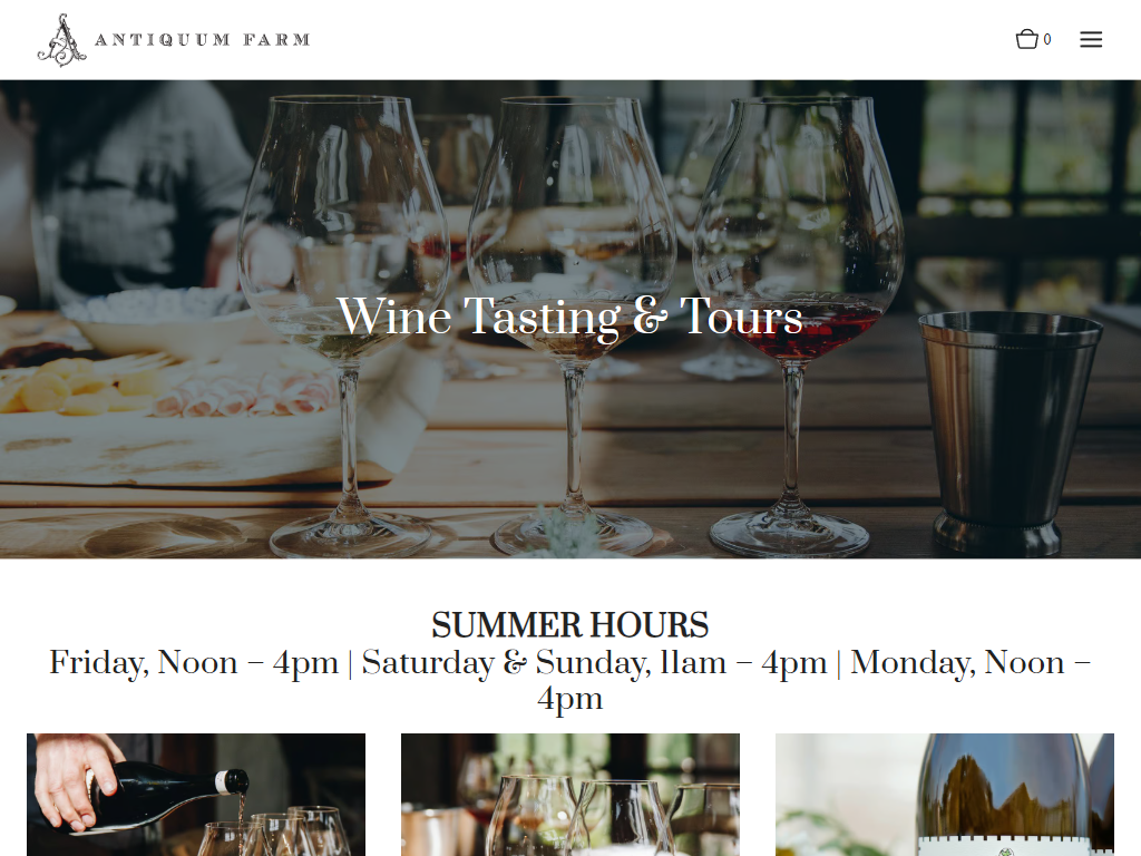 The Antiquum Farm visit page in a desktop browser, headed "Wine Tasting & Tours" over glasses of red wine on a table, with the summer hours below.