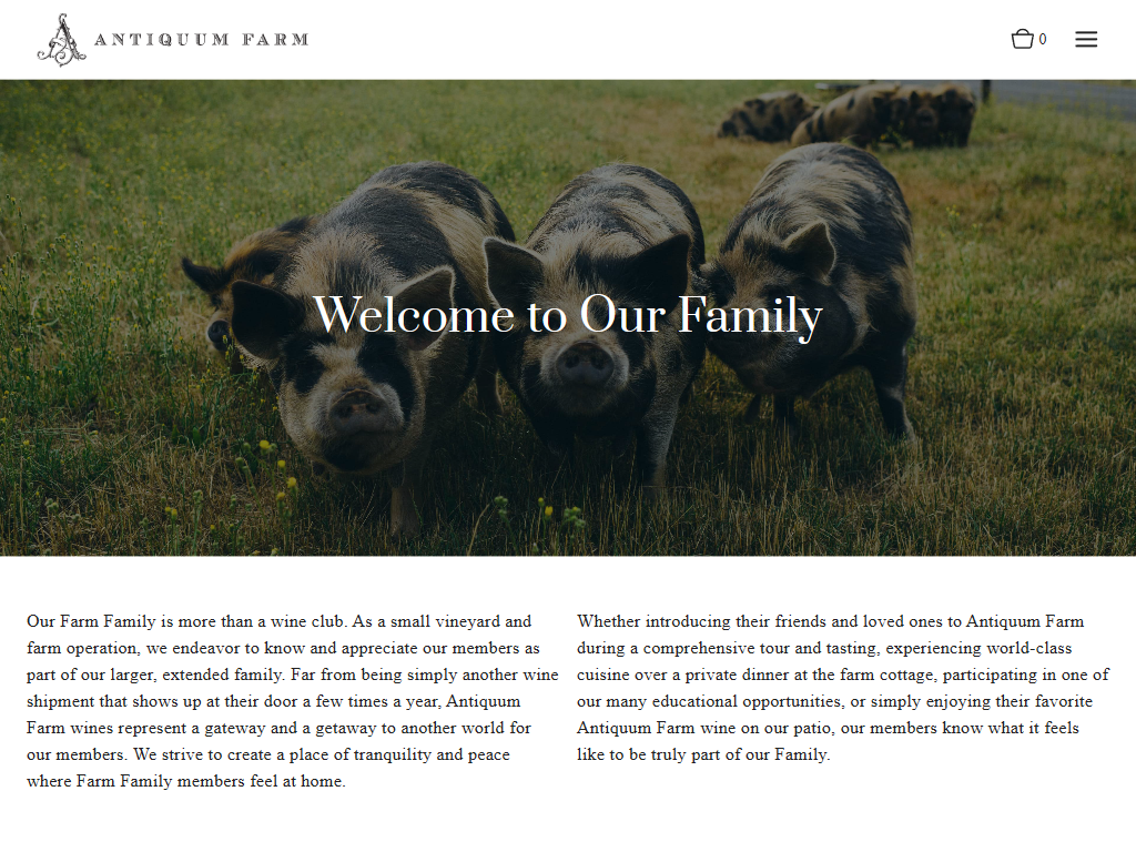 The Antiquum Farm wine clubs page in a desktop browser, headed "Welcome to Our Family" over a photograph of pigs grazing in the pasture.