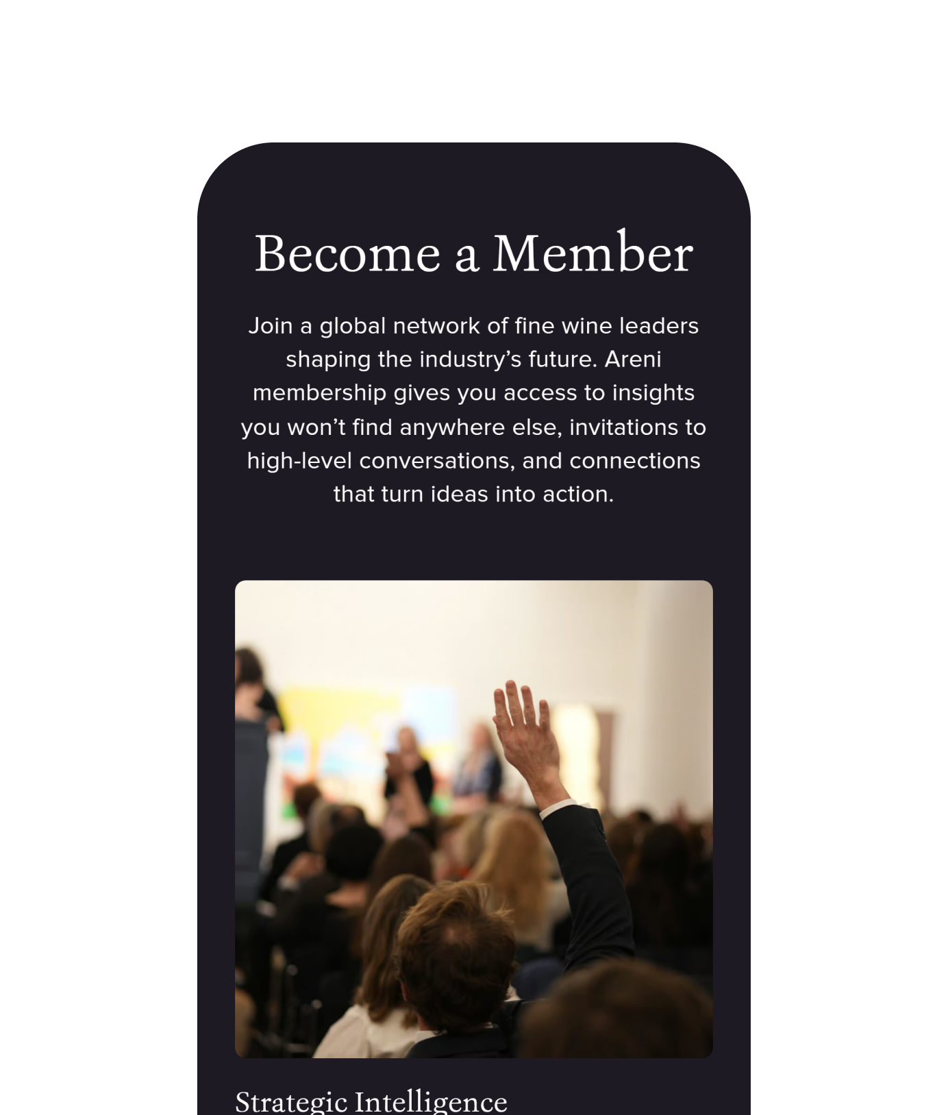 The Become a Member section of the Areni Global home page on a phone