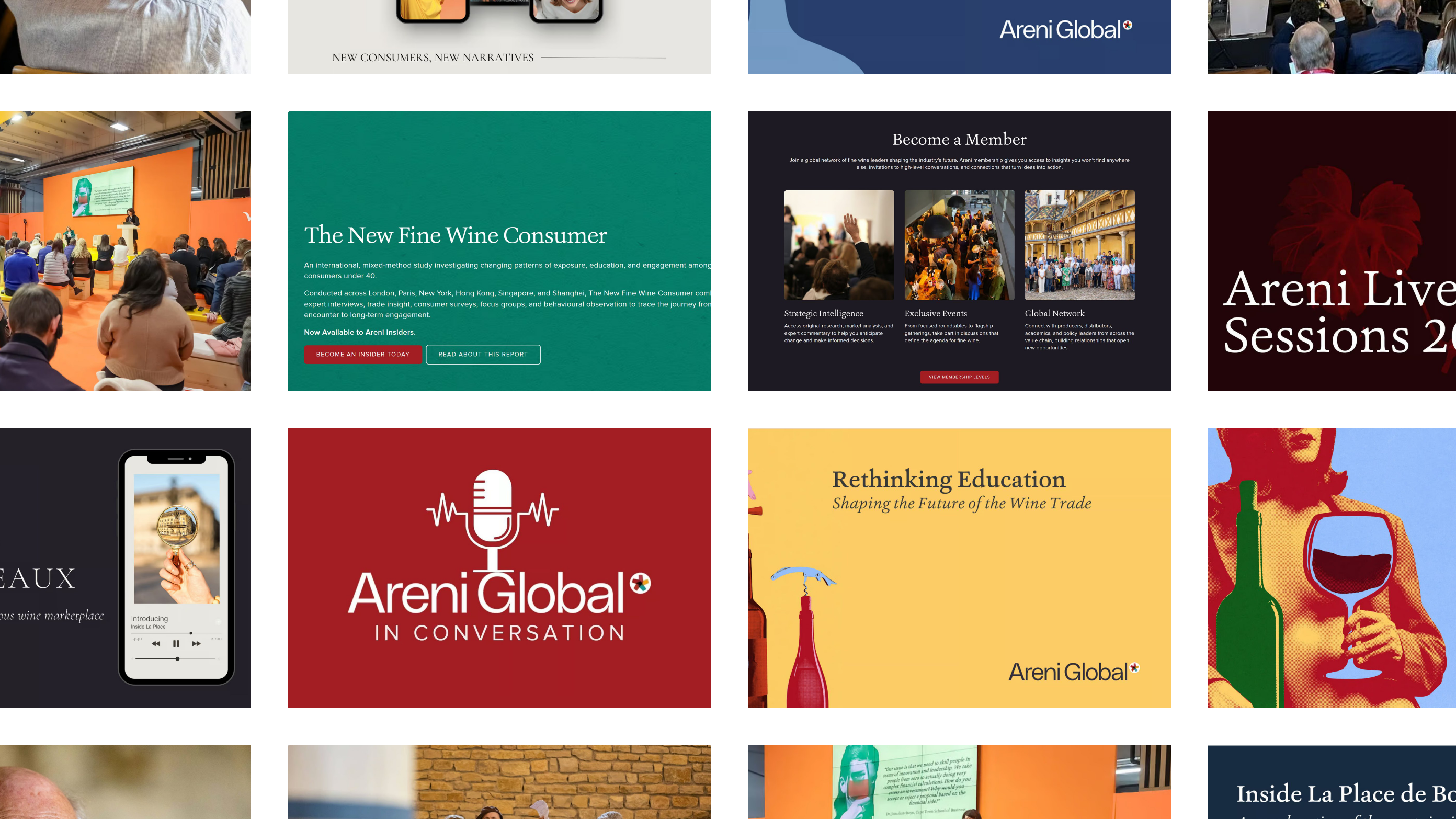 Screens from the Areni Global website: the New Fine Wine Consumer home page, membership, the In Conversation podcast and research publications