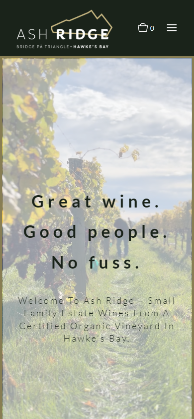 The Ash Ridge homepage on a phone, with "Great wine. Good people. No fuss." over the autumn vineyard.