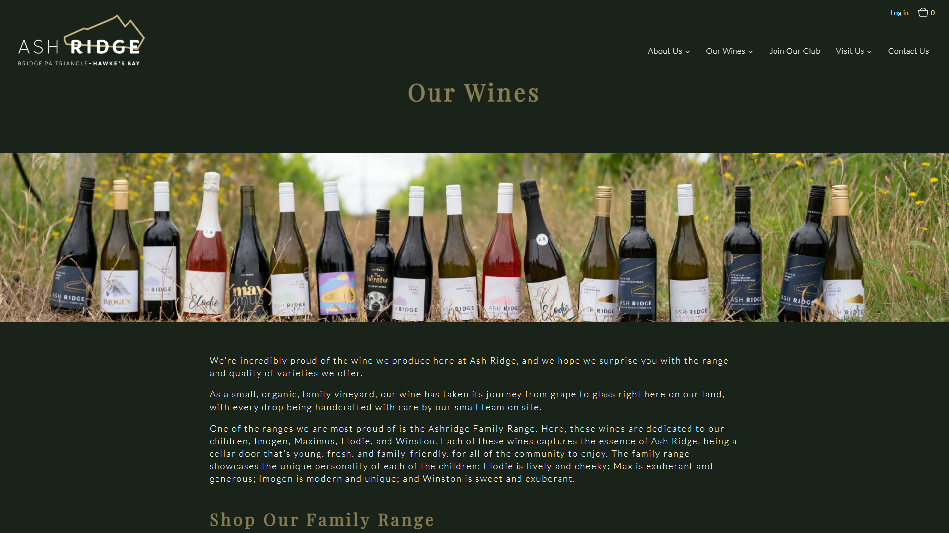 The Ash Ridge wines page in a desktop browser, headed "Our Wines", with a long row of bottles standing in dry grass above an introduction to the Ashridge Family Range.