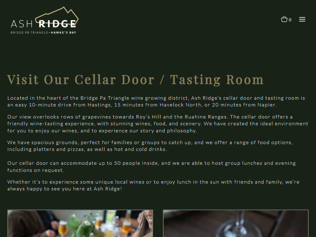 The Ash Ridge Visit Us page in a desktop browser, headed "Visit Our Cellar Door / Tasting Room", describing the Bridge Pa Triangle location and what the cellar door offers.
