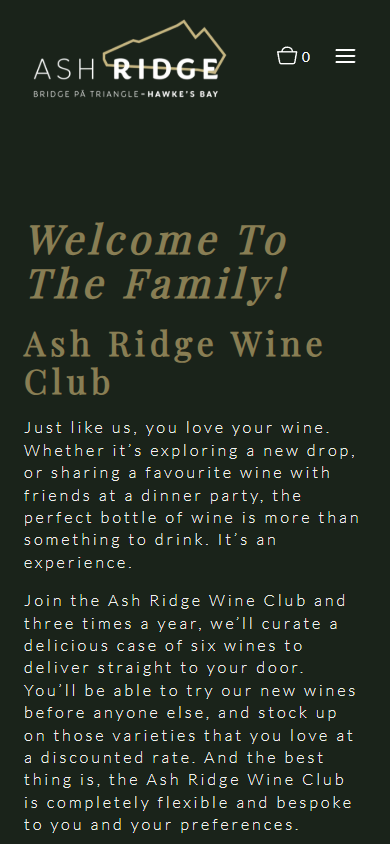 The Ash Ridge wine club page on a phone, headed "Welcome To The Family! Ash Ridge Wine Club", with the membership description.