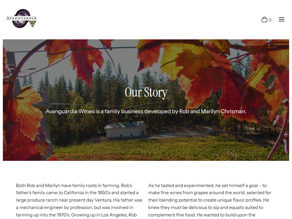 The Avanguardia About page in a desktop browser, headed "Our Story" over the vineyard, introducing the family business behind the label.