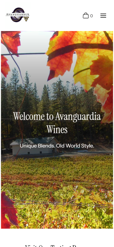 The Avanguardia homepage on a phone, with the autumn leaves and vineyard behind the welcome heading and tagline.