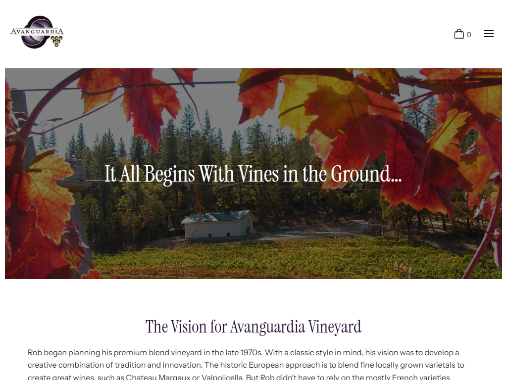 The Avanguardia vineyard page in a desktop browser, headed "It All Begins With Vines in the Ground", above a section on the vision for the vineyard and its European varieties.