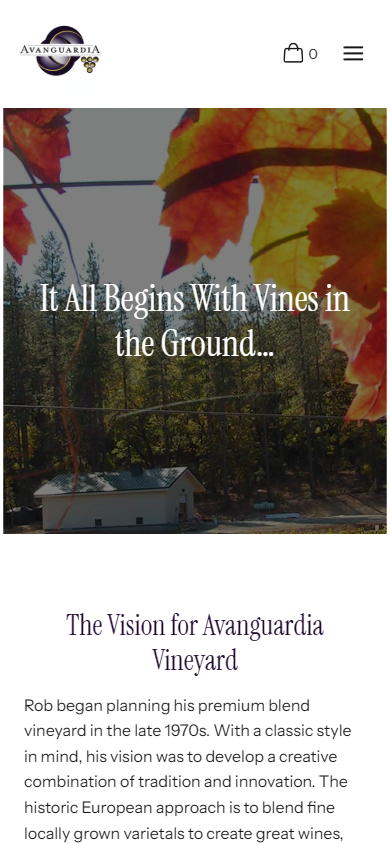 The Avanguardia vineyard page on a phone, headed "It All Begins With Vines in the Ground", above the vision for the vineyard.