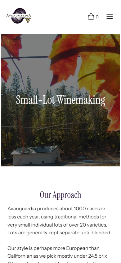 The Avanguardia winemaking page on a phone, headed "Small-Lot Winemaking", describing the approach of keeping lots separate until blending.