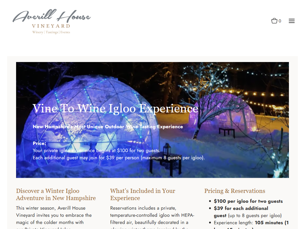 The Averill House igloo experience page in a desktop browser, with lit geodesic igloos at night above the pricing and reservation details.