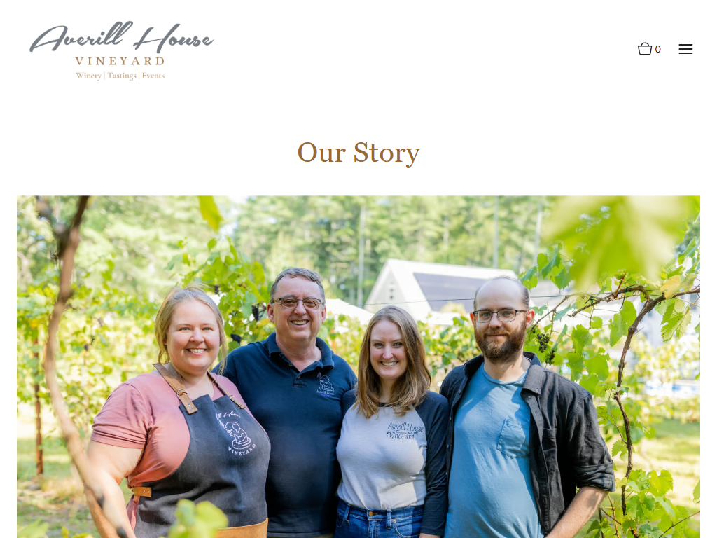The Averill House story page in a desktop browser, headed "Our Story", with four members of the team photographed among the vines.