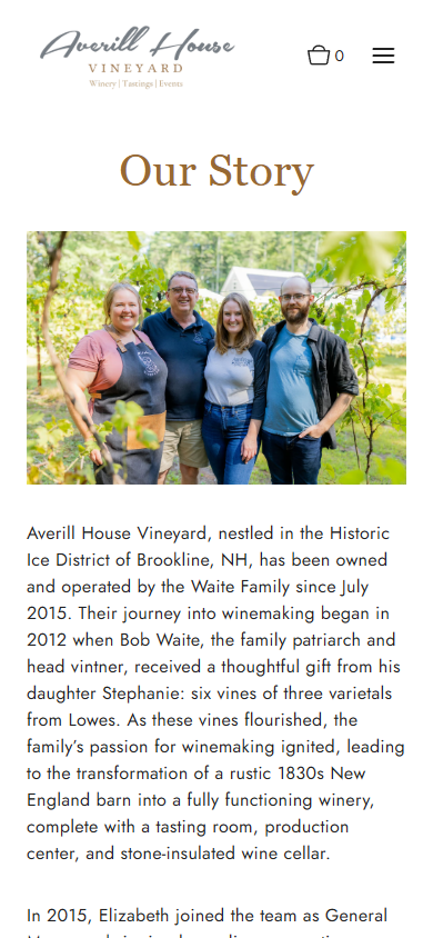 The Averill House story page on a phone, headed "Our Story", with the team photograph above the winery's history.